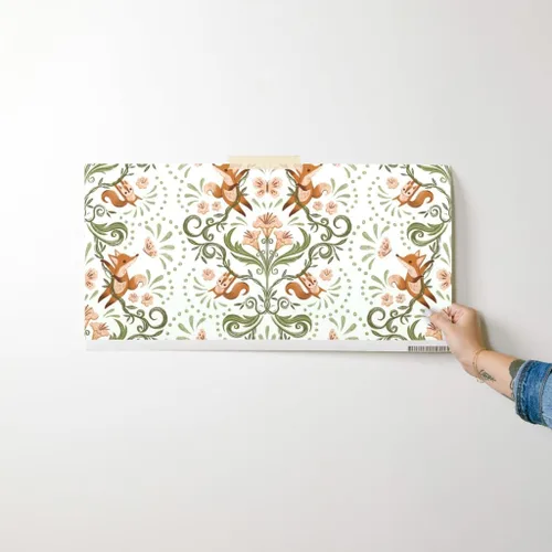 Vista 7 de Spoonflower Muestro de papel tapiz extraíble – Caprichoso Zorro Naranja Ardilla Botánica Naturaleza Jardín Crema Verde Rosa Dulce Lindo Papel