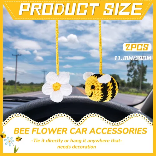 Vista 2 de 4 piezas de lindos accesorios para espejo retrovisor de abeja y flor, decoración de coche de ganchillo, accesorios para espejo de coche tejidos a