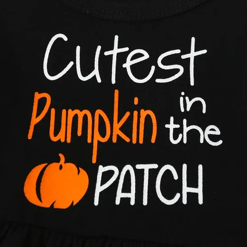 Vista 3 de Noubeau Trajes de Halloween para bebés y niñas pequeñas, con estampado de letras, manga acampanada, camisa de vestir linda calabaza con pantalones