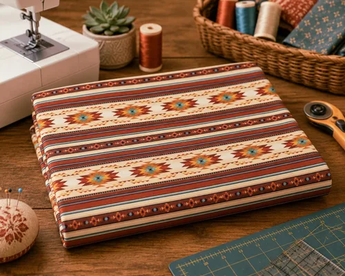Vista 4 de Terracotta, Oro, Turquesa, Tucson, Mini, Raya, 100% Algodón, Tela, Sudoeste, Azetc Diseños, Elizabeth's Studios, 621E-TERRA, por The Yard
