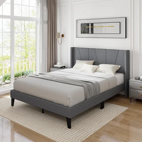 Vista 3 de KOMFOTT Base de cama tapizada tamaño Queen con cabecera con respaldo de ala, plataforma moderna con soporte de listones de madera, base de colchón