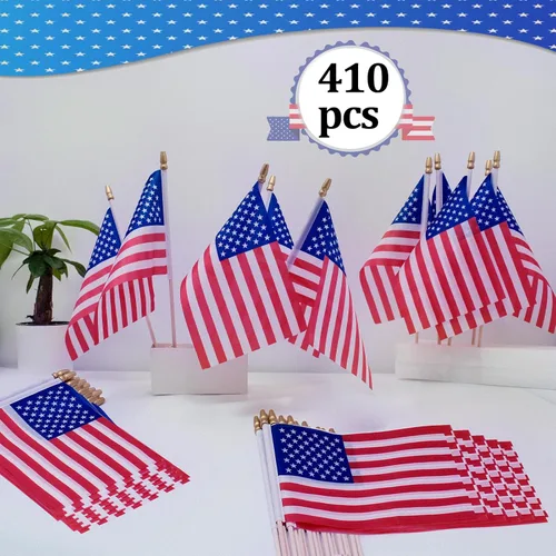 Vista 3 de 410 banderas americanas pequeñas en palo, mini banderas estadounidenses con punta de lanza de seguridad, poste de madera maciza a granel, bandera