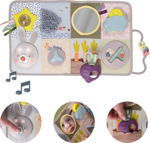 Vista 3 de Taf Toys Tablero de actividades para recién nacidos y niños pequeños con música y luces, 13 actividades Montessori, espejo seguro para bebés