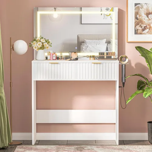 Vista 5 de Escritorio estriado con espejo y luces, tocador de maquillaje con 2 cajones, 3 modos de iluminación de brillo ajustable, tocador para dormitorio