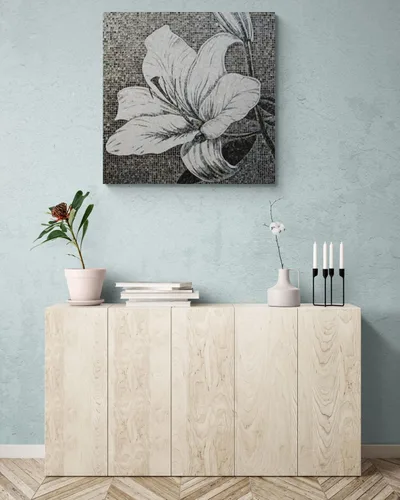 Vista 2 de Black and White Lily Marble Mosaic Wall Art, Handmade Floral Stone Mosaic Mural, Hand-Cut Marble Tile Artwork for Interior Wall Décor