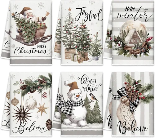 Vista 17 de FuWeave Toallas de Cocina Navideñas Beige Paños de Cocina con Árbol Navideño Toallas de Mano Decorativas Hello Winter Absorbentes Pelota de Guantes