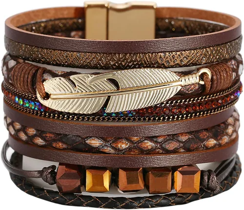 Vista 50 de Fesciory - Pulsera de leopardo para mujer, estilo bohemio de cuero multicapa con perlas de cristal