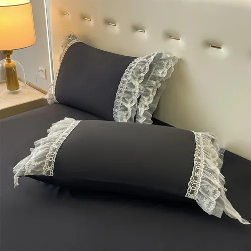 Vista 3 de MOOWOO Chic - Juego de funda de edredón de poliéster y encaje con volantes, ropa de cama negra para niña, funda de edredón de 2 piezas con cierre