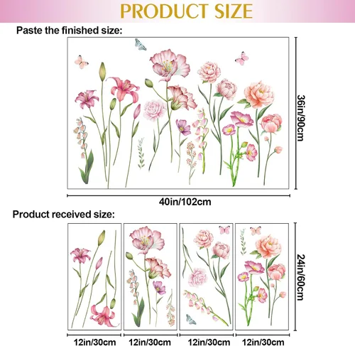 Vista 2 de Amaonm - Adhesivo de pared extraíble de flores frescas y mariposa voladora, libélula azul, rosa, lirio, amapola, peonía, floral, calcomanía de pared
