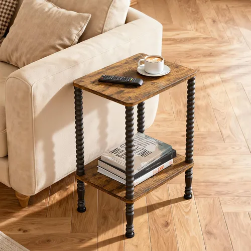 Vista 4 de Mesa auxiliar, mesa auxiliar pequeña, mesita de noche de 2 niveles con estantes de almacenamiento, mesa de centro para espacios pequeños, diseño
