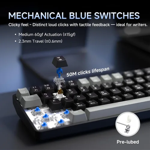 Vista 5 de DIERYA Teclado mecánico inalámbrico DK68 60% para juegos, 3 modos Bluetooth2.4GUSB-C con interruptor azul clicky, retroiluminación RGB