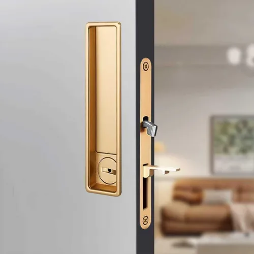 Vista 11 de Juego de herrajes para cerradura de puerta de bolsillo, manija de privacidad con tirador oculto y pestillo empotrado, apto para puertas de madera