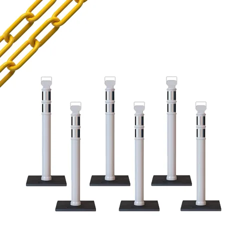 Vista 17 de CCW 6-Pack 45" Delineador Post Kit Kit de 3.0 in collares reflectantes, base de goma de 10 lb (6 postes blancos con cadena negra de 50 pies)