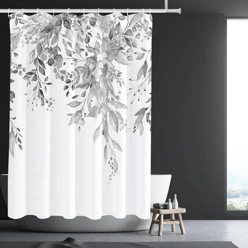 Vista 49 de Tititex - Juego de cortinas de ducha de eucalipto negro, hojas de acuarela gris en la parte superior, con decoración floral de baño, 60 x 72