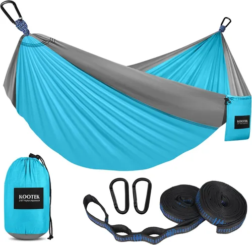 Vista 13 de Kootek - Hamaca portátil doble e individual con 2 correas para árboles, de nailon ligero de paracaídas para mochileros, viajes, playa, patio, Negro