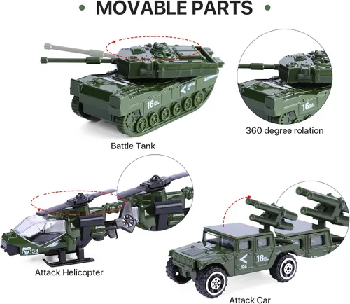 Vista 3 de Juego de 26 vehículos militares fundidos a presión, paquete de 6 modelos surtidos de aleación de metal, juguetes de coche y 20 unidades soldado