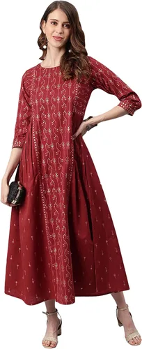 Vista 3 de Janasya - Vestido étnico flexible de algodón granate para mujer