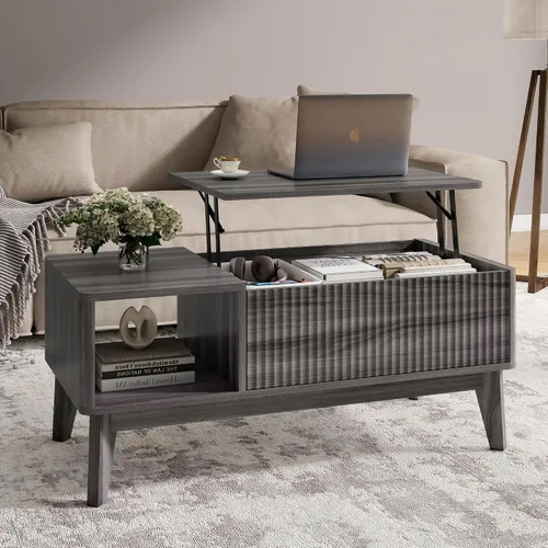 Vista 10 de LYNCOHOME Mesa de centro acanalada con compartimento oculto, mesas de centro elevables de madera, mesa central moderna para sala de estar, oficina