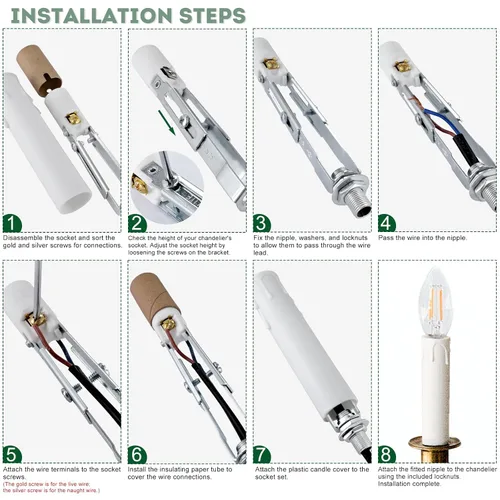Vista 6 de Candelabro E12 - Enchufe de luz de cerámica ajustable de longitud para iluminación de candelabro, portalámparas de candelabro con fundas blancas