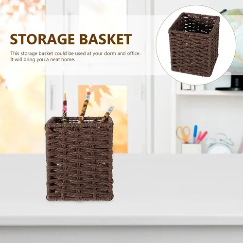 Vista 7 de Cabilock Cesta de mimbre resistente para escritorio, contenedor elegante para mesa de té, organizador de artículos diversos