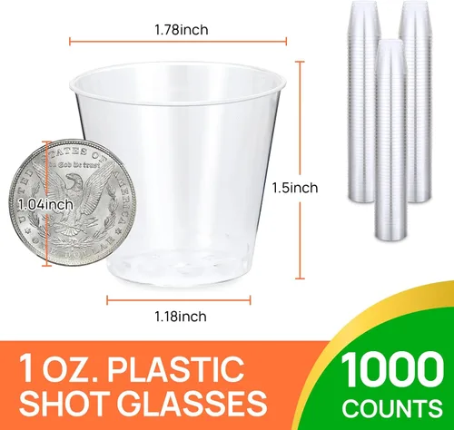 Vista 2 de Byvivace 1000 unidades de vasos de chupito de 1 oz de plástico duro transparente - Mini vasos de chupito para Tequila, Whisky, Vodka y Licor, Vaso