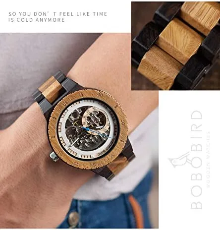 Vista 6 de BOBO BIRD Reloj mecánico automático de madera para hombre, personalizable, reloj de pulsera de madera de lujo para hombre
