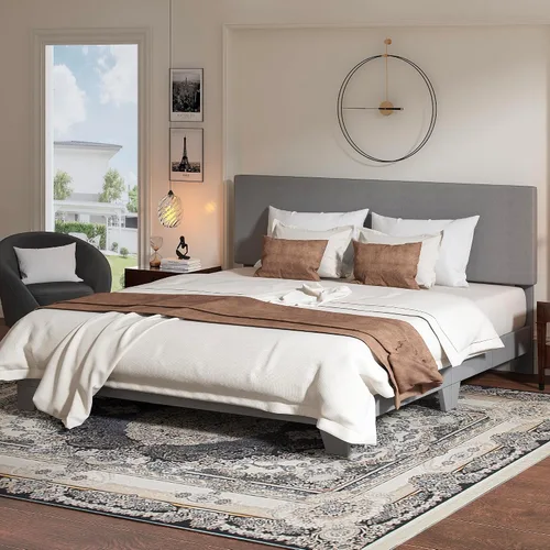 Vista 14 de WEEWAY Base de cama de plataforma tapizada completa con cabecero ajustable y listones de madera fuertes, base de colchón resistente, no necesita