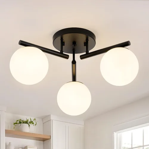 Vista 12 de Lámpara de techo Sputnik de latón de 3 luces, lámpara de techo semiempotrada, latón dorado de 21.65 pulgadas, globo de vidrio lechoso de mediados