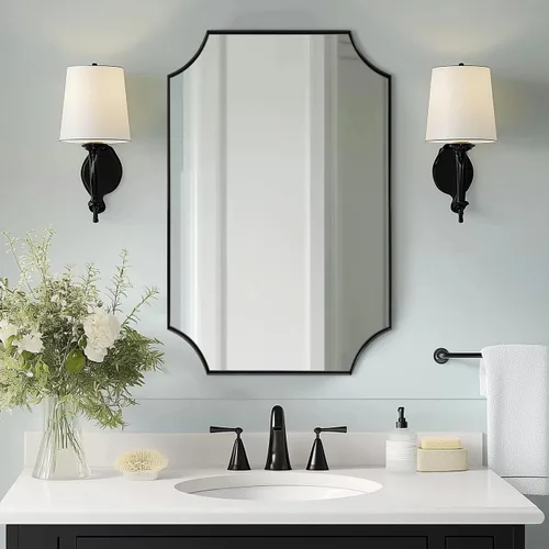 Vista 28 de ANDY STAR Espejo de baño de bronce cepillado, espejo festoneado de 24 x 36 pulgadas para baño, espejo rectangular de bronce antiguo con marco