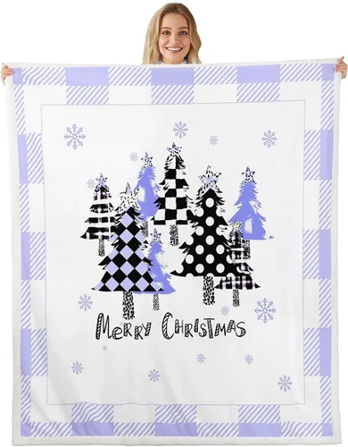 Vista 16 de Manfei Manta de Navidad con árbol de Navidad, muñeco de nieve, copo de nieve, para decoración de habitación de niños y niños, manta de rayas blancas