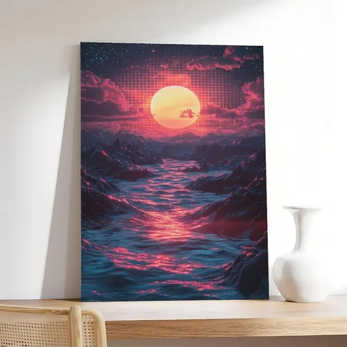 Vista 7 de Retro Futuristic Vaporwave Wall Art – Neon Synthwave Poster for Bedroom Or Studio Decor Modern Wall Prints Abstract Geometric Minimalist Art Framed