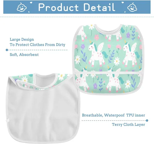Vista 5 de Adjustable Muslin Baby Bibs with Snap 2 Pack Baby Spit Throw Up Cute Unicorns Light Green baberos para nino paquete