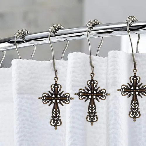 Vista 4 de 12 ganchos de cortina de ducha con cruz vintage para baño, anillos de cortina de acero inoxidable a prueba de óxido con colgante de cruz para Cruz