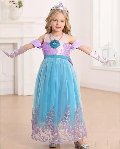 Vista 3 de Luzlen Vestido de princesa de sirena para niñas, disfraz de Ariel con accesorios, disfraz de cosplay de Halloween