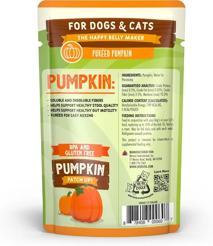 Vista 3 de Weruva Pumpkin Patch Up! Suplemento alimenticio de puré de calabaza para mascotas para perros y gatos, bolsa de 1.05 oz (paquete de 12)