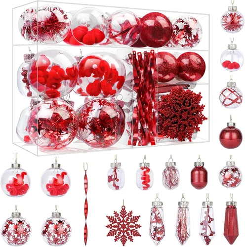 Vista 11 de SHareconn Juego de 86 Piezas de Decoraciones y Adornos para Árbol de Navidad, Bolas de Plástico Transparentes Irrompibles para Decoración de Árbol
