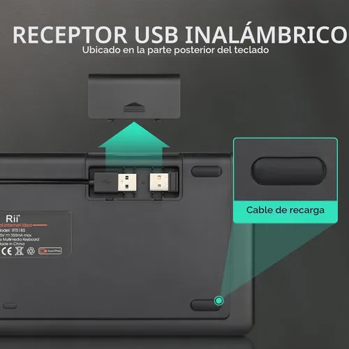 Vista 7 de Rii RT518S - Teclado multifuncional inalámbrico y Bluetooth con retroiluminación de 2 LED de color, modo dual, trackpad multitáctil de gran