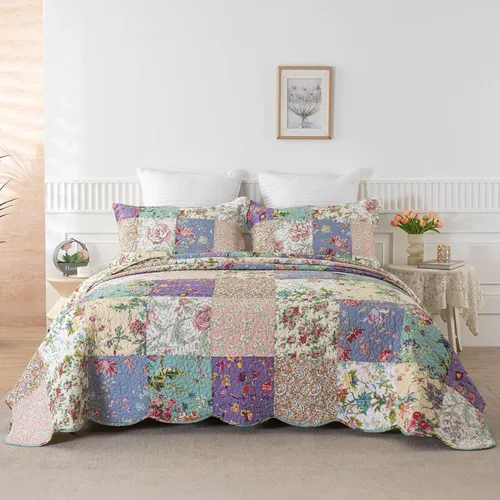 Vista 8 de YAYIDAY - Edredón tamaño Queen, juego de colcha con patrón de retazos - 100% algodón reversible y transpirable con estampado floral acolchado
