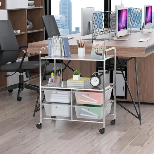 Vista 8 de RELAX4LIFE Carrito de almacenamiento rodante con 4 cajones y 2 estantes, organizador de archivos de papel con marco de metal para oficina en casa