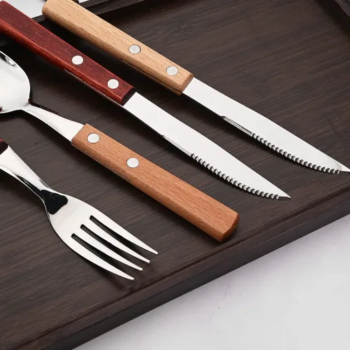 Vista 6 de Juego de cubiertos de madera de acero inoxidable 304 con mango ancho, juego de cubiertos de madera duradera, utensilios reutilizables, espejo