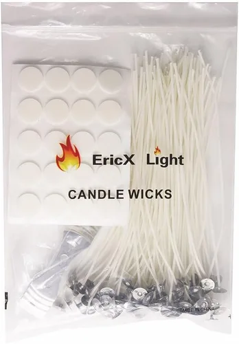 Vista 6 de EricX Light Mecha de vela de 8 pulgadas con calcomanías de mecha de vela y dispositivo de centrado de mecha de vela, 60 piezas para fabricación