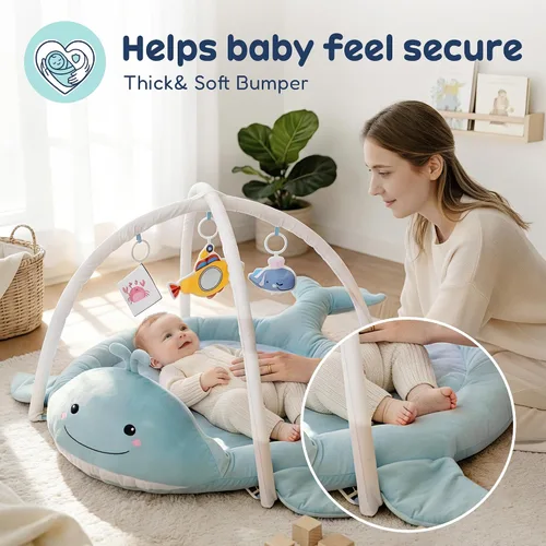 Vista 2 de Tapete de Juego para Bebé, Tapete de Tiempo Boca Abajo de Ballena con Juguetes, Gimnasio de Actividades para Bebés de 0–12 Meses – Tapete Sensorial