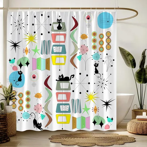 Vista 3 de Mid Century Modern Shower Curtain Black Cat Retro Atomic Sputnik Boomerangs Abstract Geometric Iconic 50s 60s Vintage Aesthetics Art Polyester