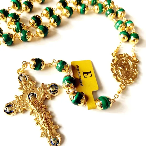 Vista 6 de elegantmedical Hecho a mano, chapado en oro de 18 quilates, sin duda, rosario de malaquita, collar de cuentas de oración, regalo católico y caja