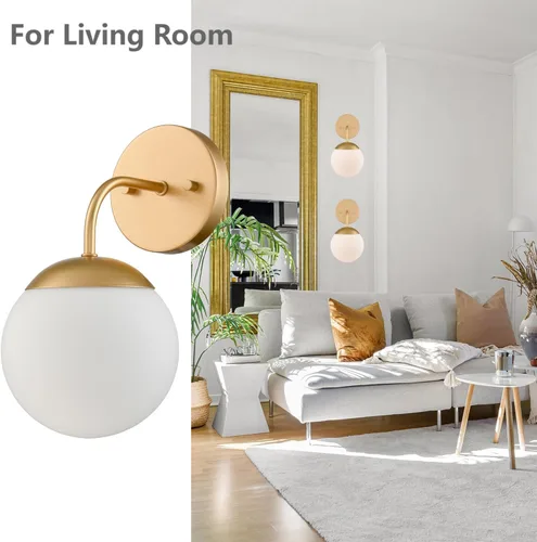 Vista 2 de [Usado] Juego de 2 apliques de pared dorados de estilo nórdico moderno con forma de globo lechoso para tocador de baño