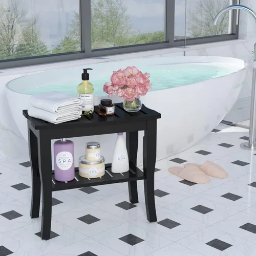 Vista 4 de Domax Bancos de ducha de bambú para ducha interior, asiento de banco de baño, taburete de ducha de madera impermeable con estante de almacenamiento