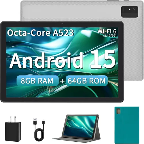 Vista 10 de Tablet Android de 10 pulgadas, 8 GB de RAM, 64 GB ROM 1 TB expandible Android 15, Octa-Core, WiFi 6 (2.4G/5G), pantalla de 1280 x 800, tabletas