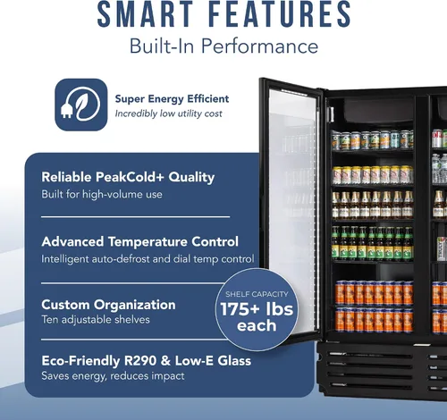 Vista 4 de PEAKCOLD + Refrigerador vertical de 2 puertas - Refrigerador comercial negro de 41.7 pies cúbicos de bajo consumo con puertas de vidrio