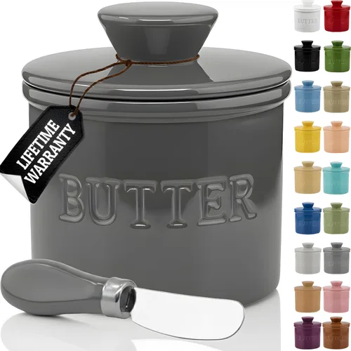 Vista 15 de Priority Chef Mantequilla grande con tapa con línea de agua, plato de mantequilla francesa de cerámica para dejar en el mostrador, color negro