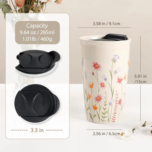 Vista 2 de ANTIS'S HOME Taza de Viaje de Cerámica con Tapa, Taza de Café Tumbler de Doble Pared Beige con Patrón de Flores, Taza Alta Reutilizable, Tapa
